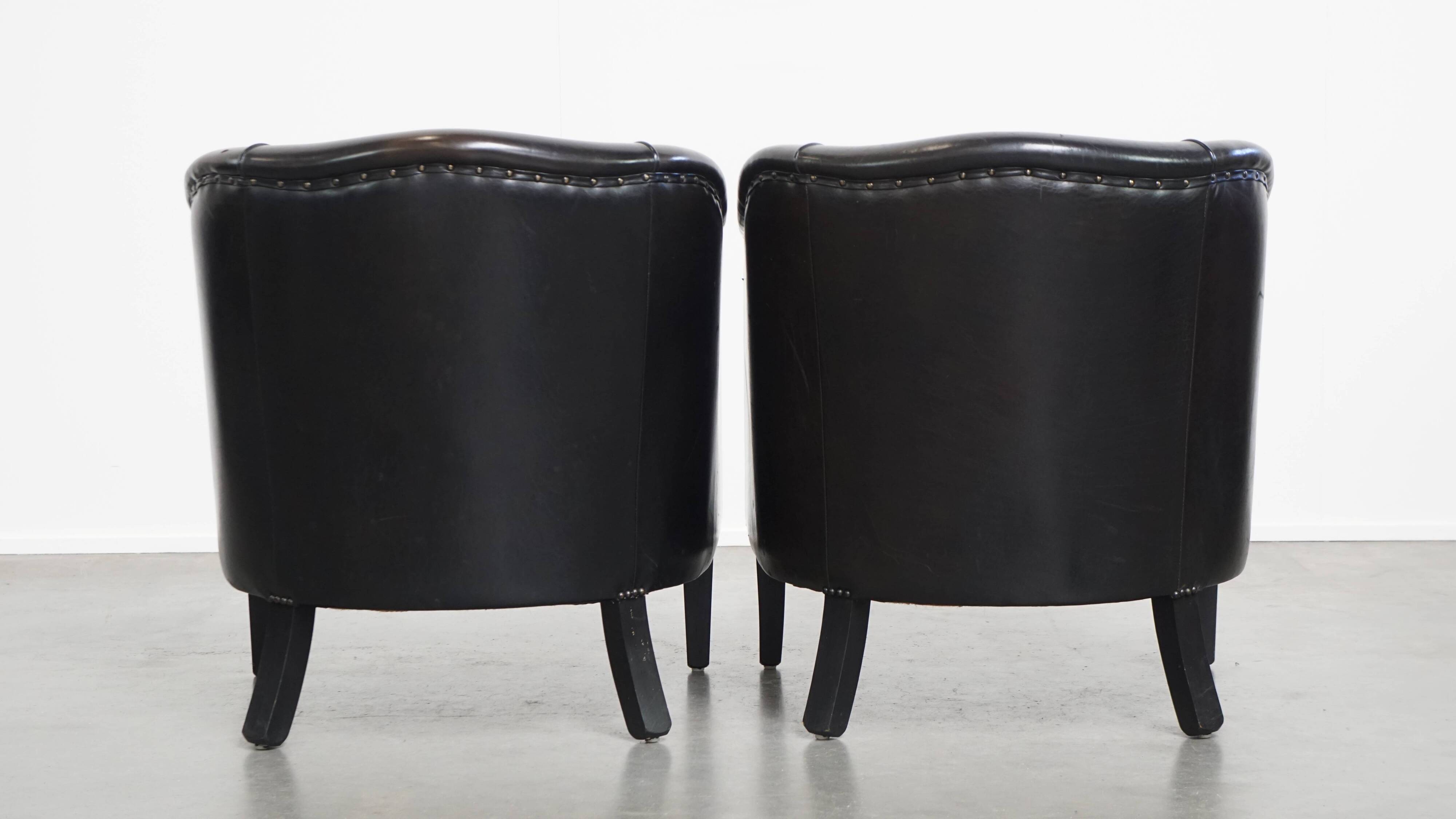 Set of 2  black/grey sheepskin leather club chairs