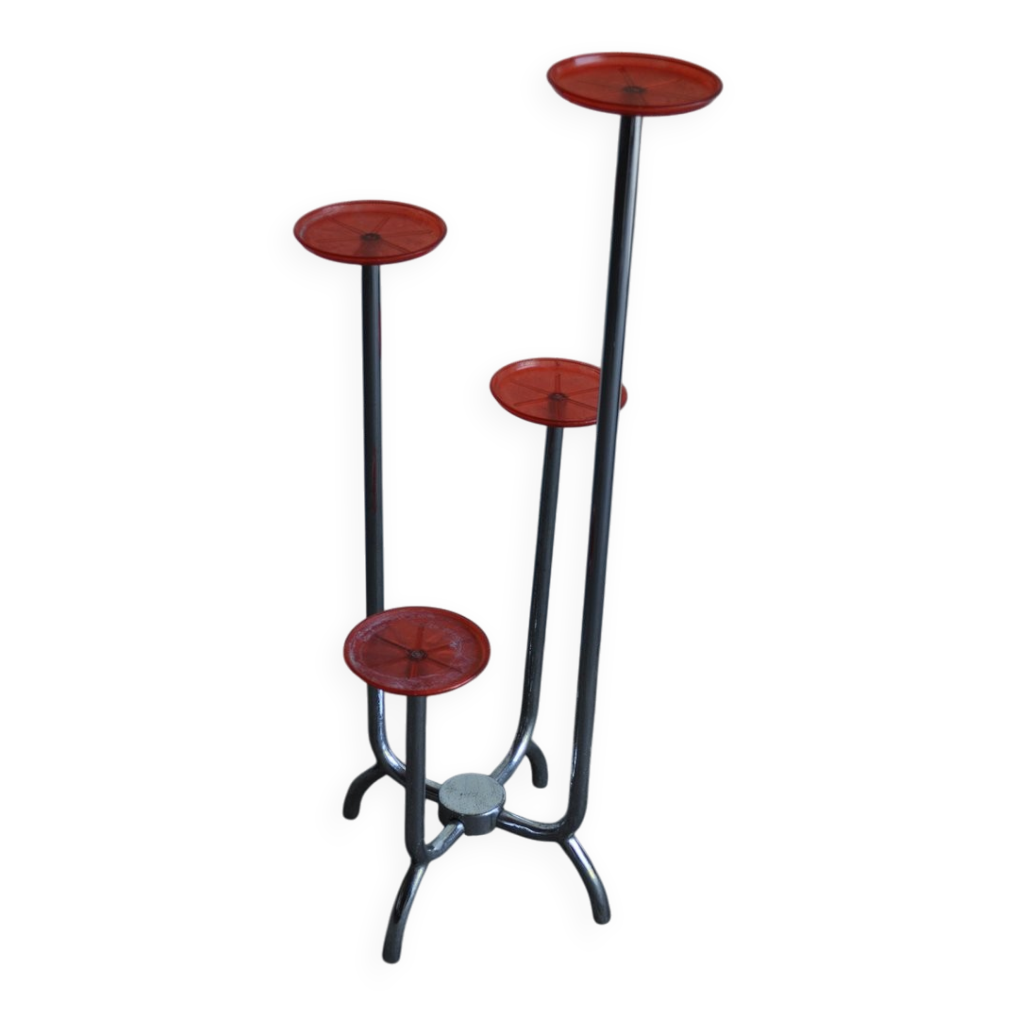 Support for plants, chrome Bauhaus with red plastic trays, 1940s, Czech Republic.