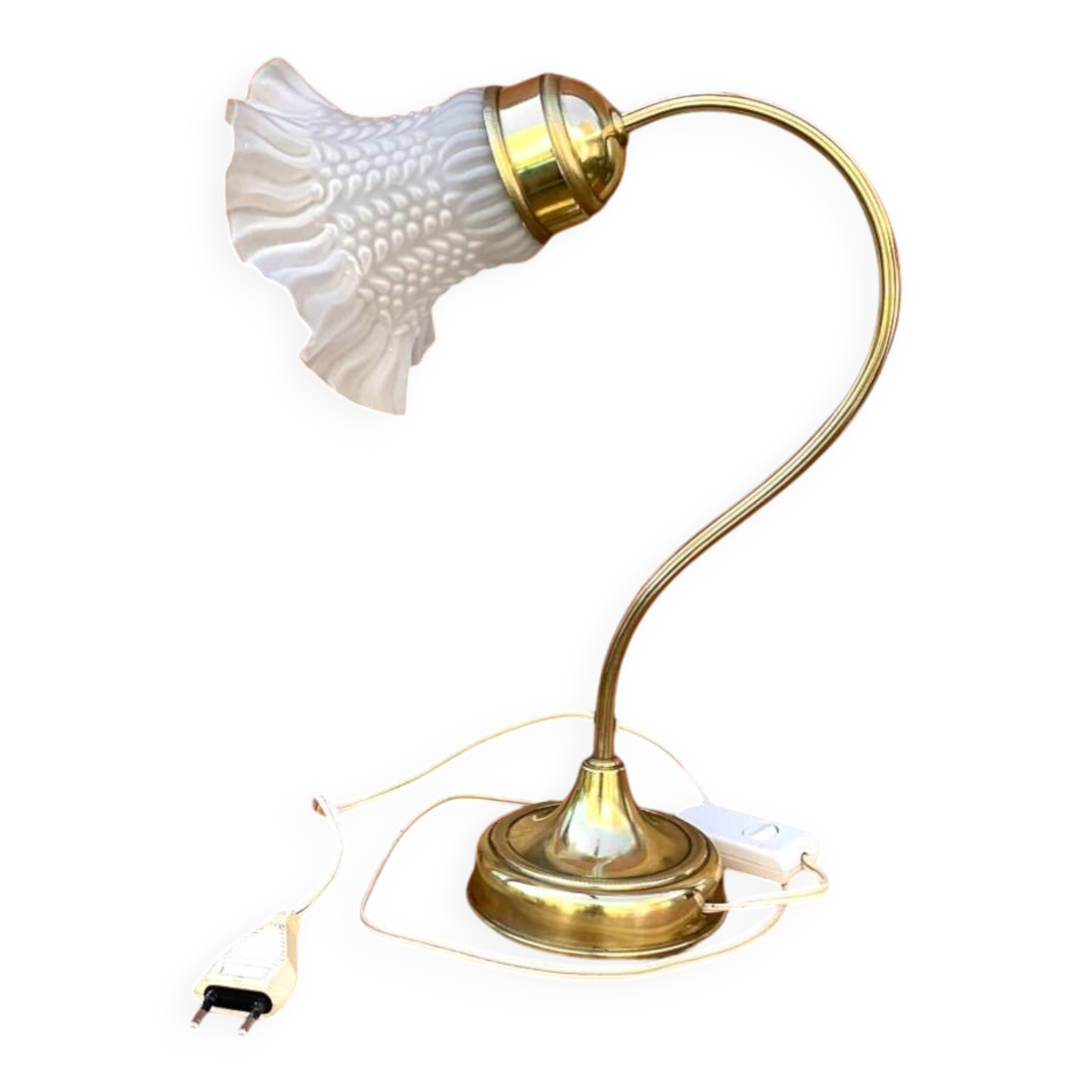 Antique brass and glass swan neck bedside lamp.