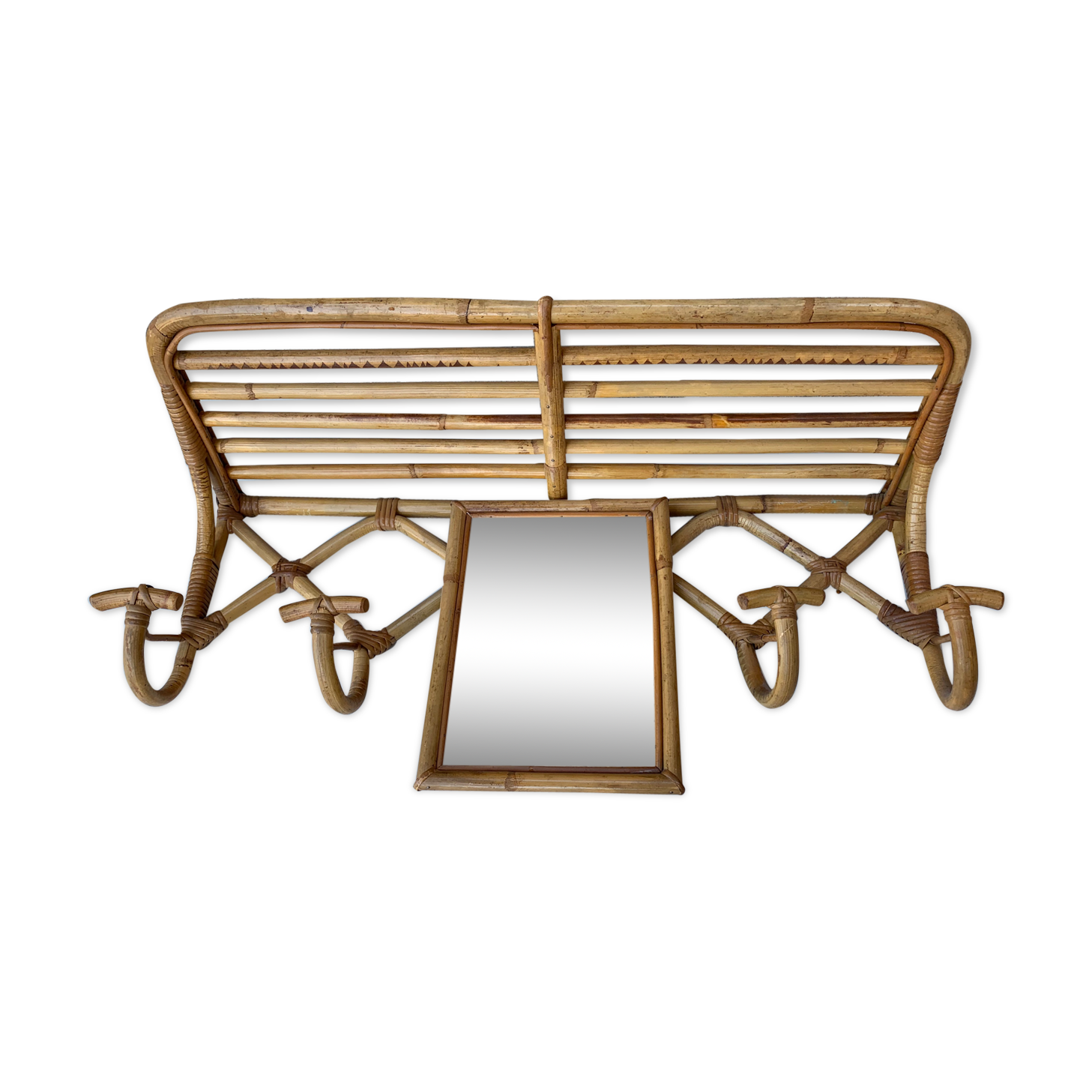 Porte manteau osier vintage avec miroirn années 60