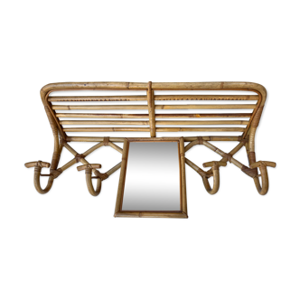 Porte manteau osier vintage avec miroirn années 60