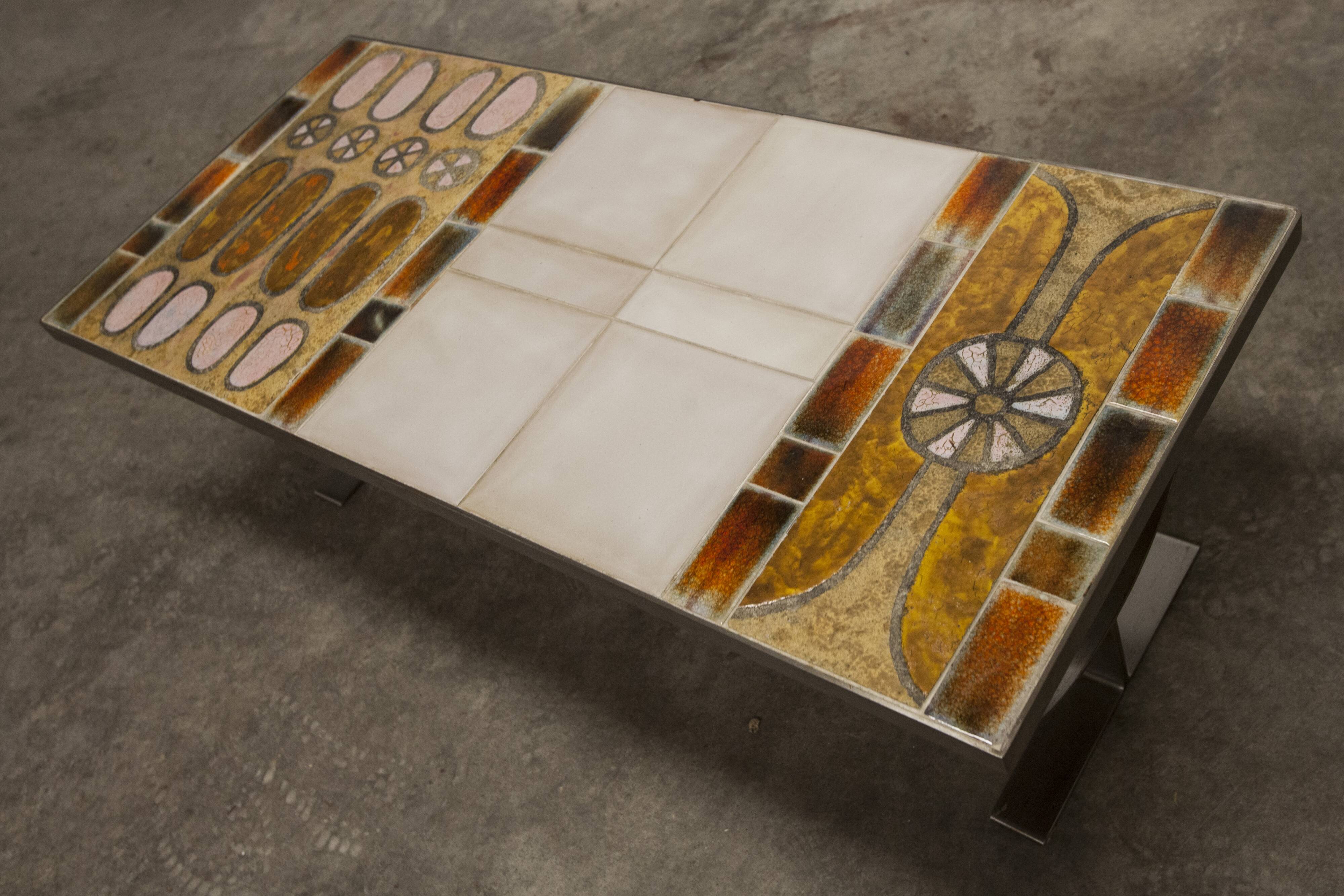 Ceramic coffee table and brushed steel Roche Bobois design Gregorieff 70s, 108x47cm