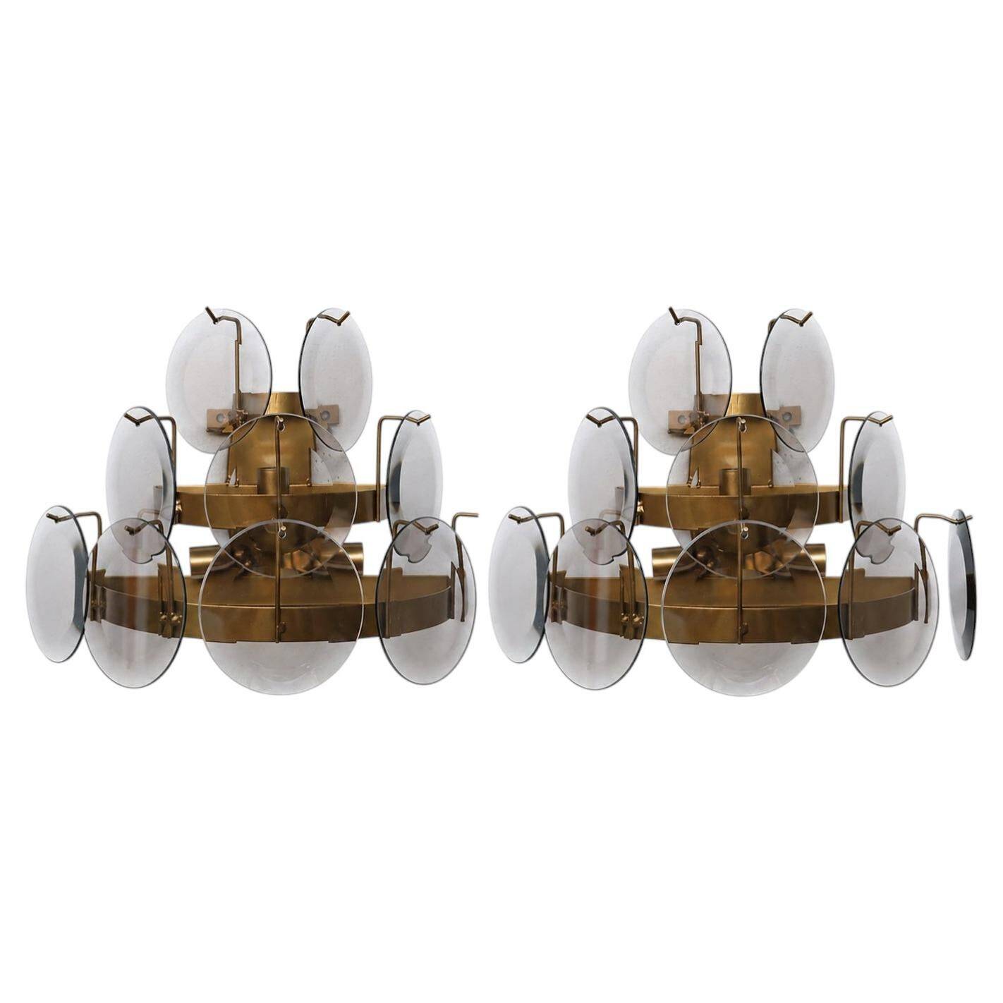 Set of 2 Vistosi Murano Wall Lamps Smoked Disc, 1970