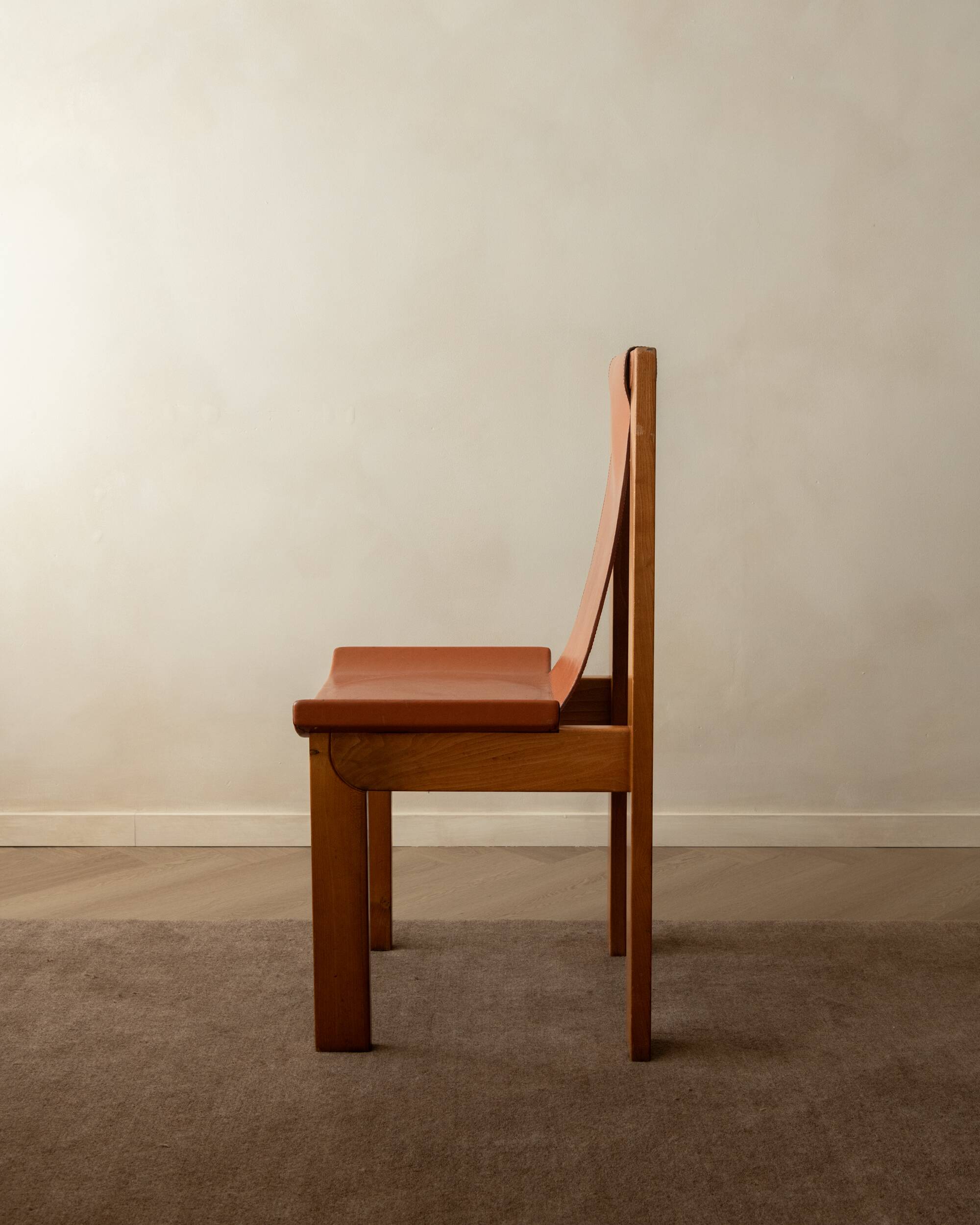 Wood Leather Dining Chairs Luigi Gorgoni Roche Bobois, 1970s, Set of 7