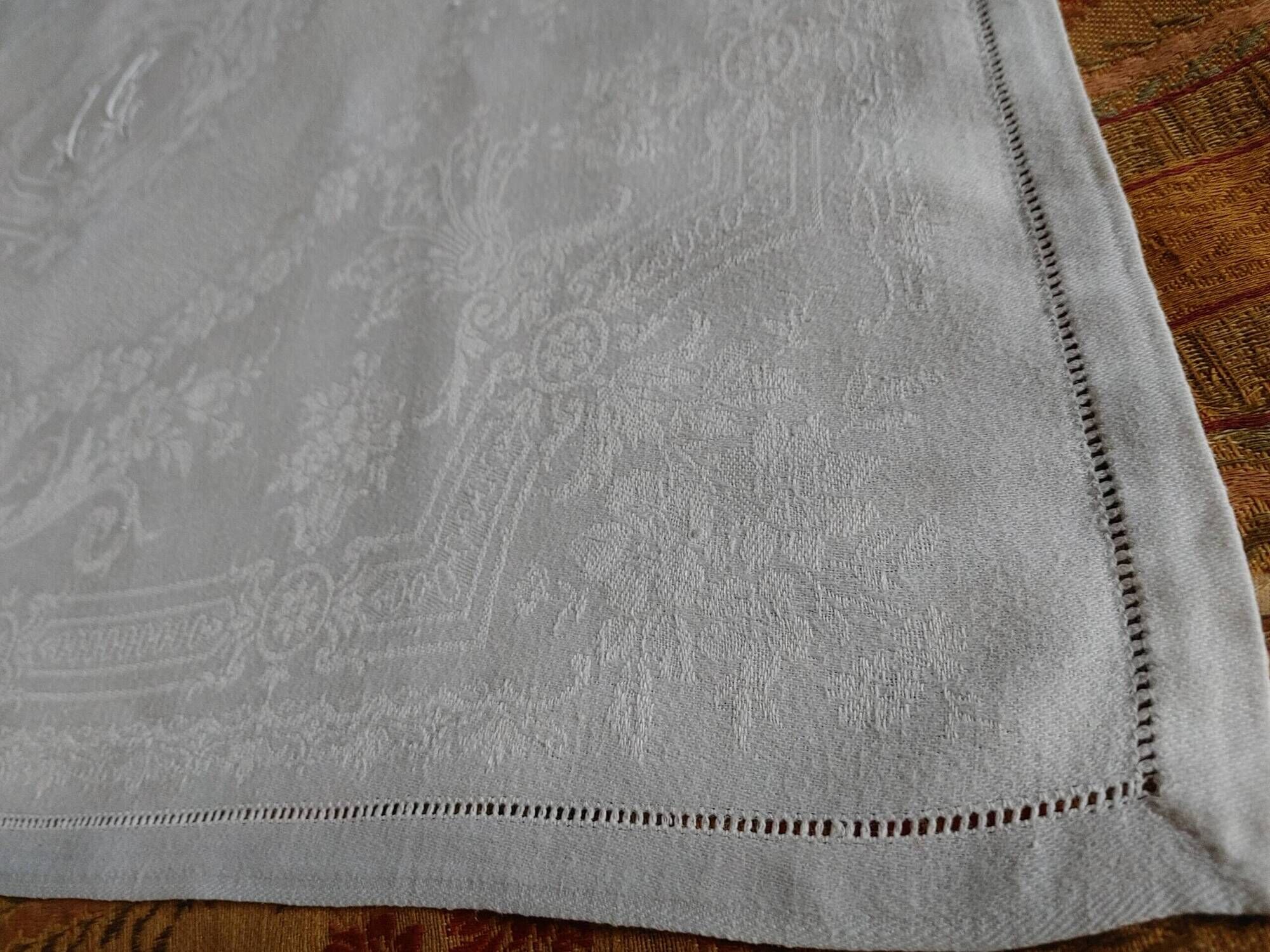 12 old table napkins - Linen & silk damask with Floral decoration - JC monograms
