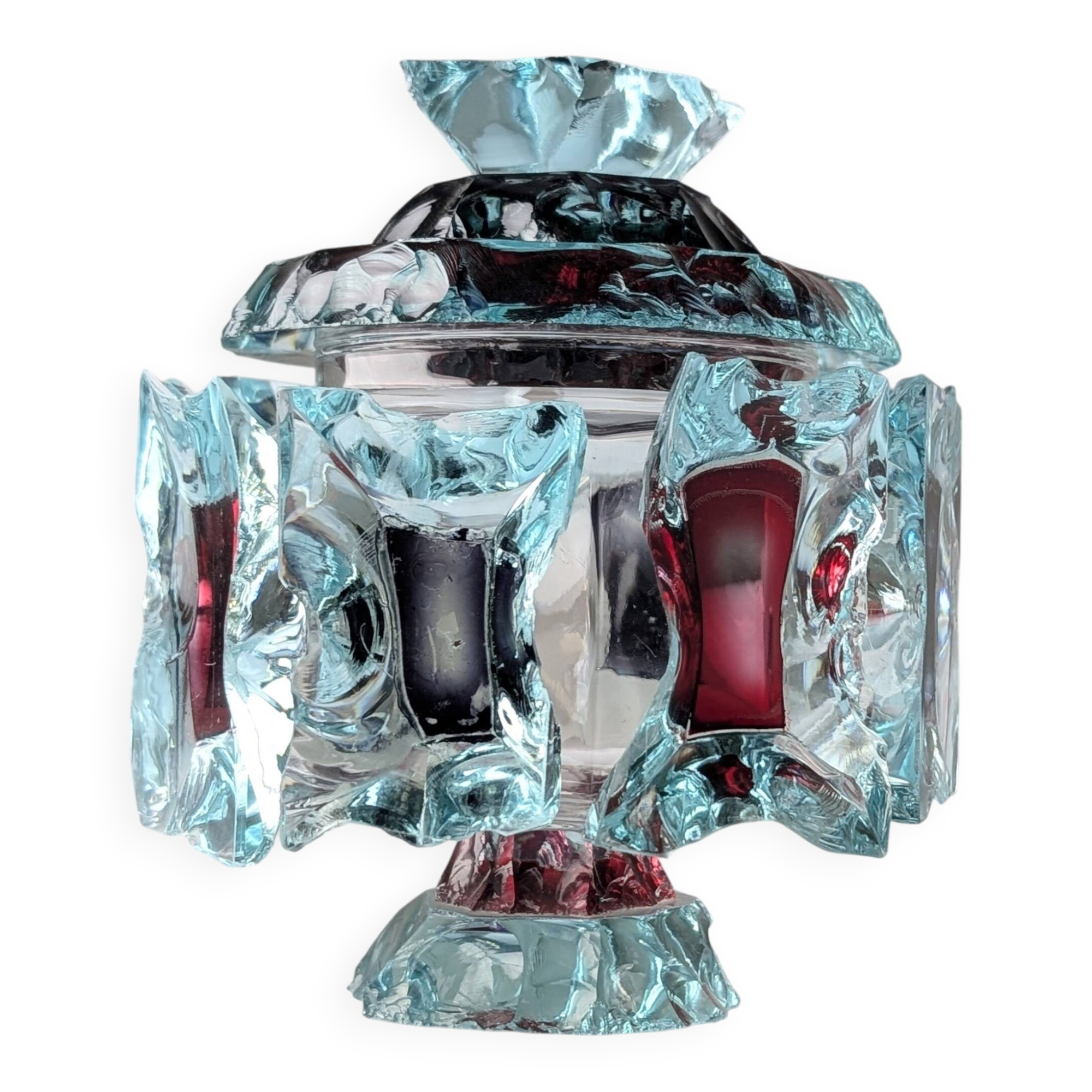 Brutalist cut glass candy box with lid and coloured inserts, 1970s