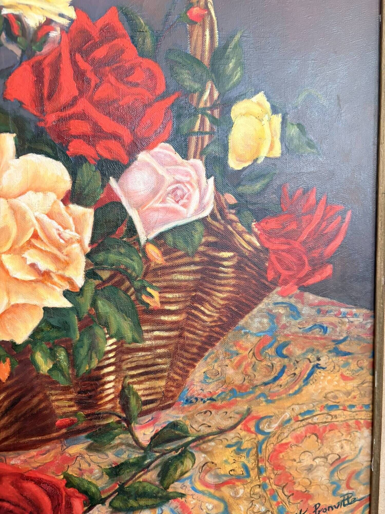 Old Oil Painting Canvas Still Life Rose Flowers Bouquet Signed