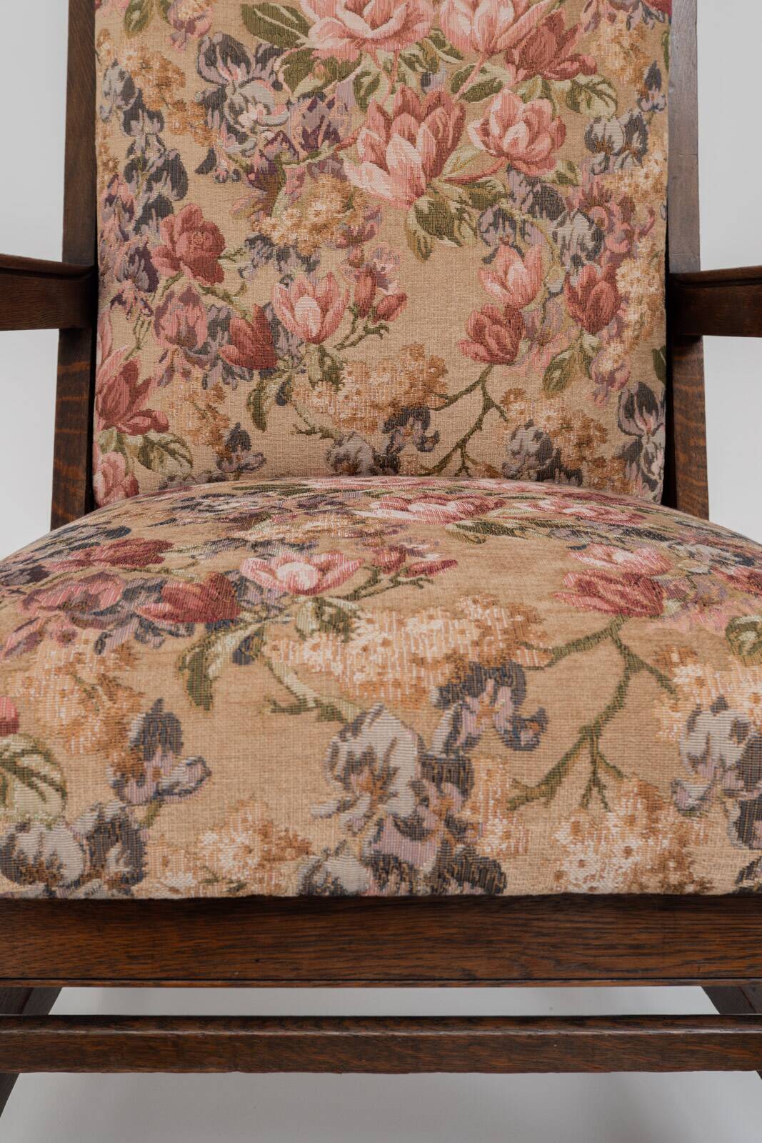 Antique Art Nouveau Armchair in Oak and Floral Upholstery, Belgium ca 1900s