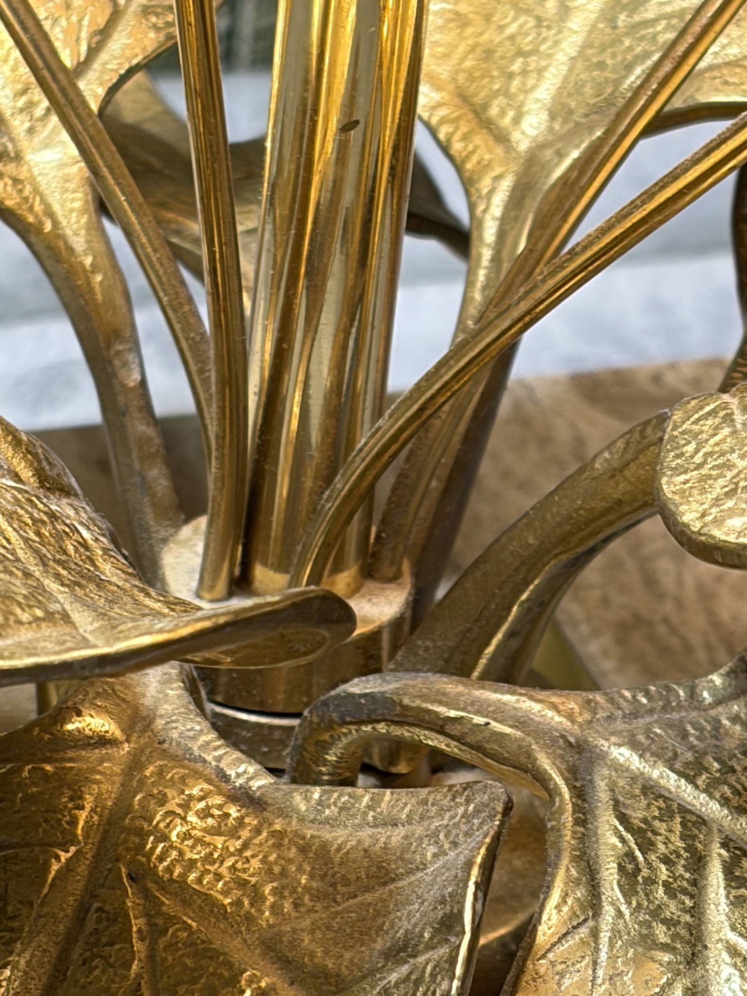 Bronze and travertine water lily lamp attributed to Maison Charles, circa 1970.