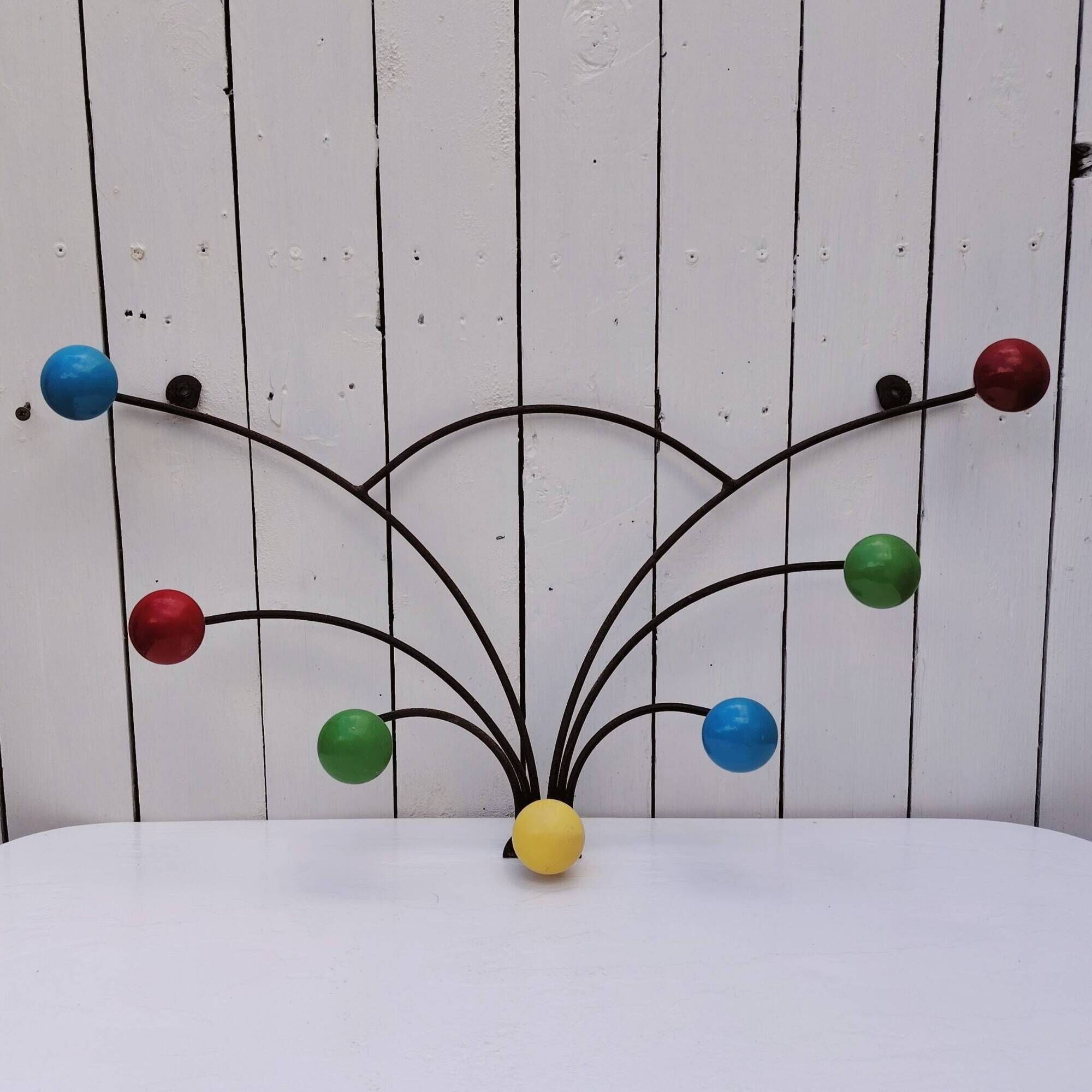 Wall-mounted coat rack with coloured balls, 50s design, vintage