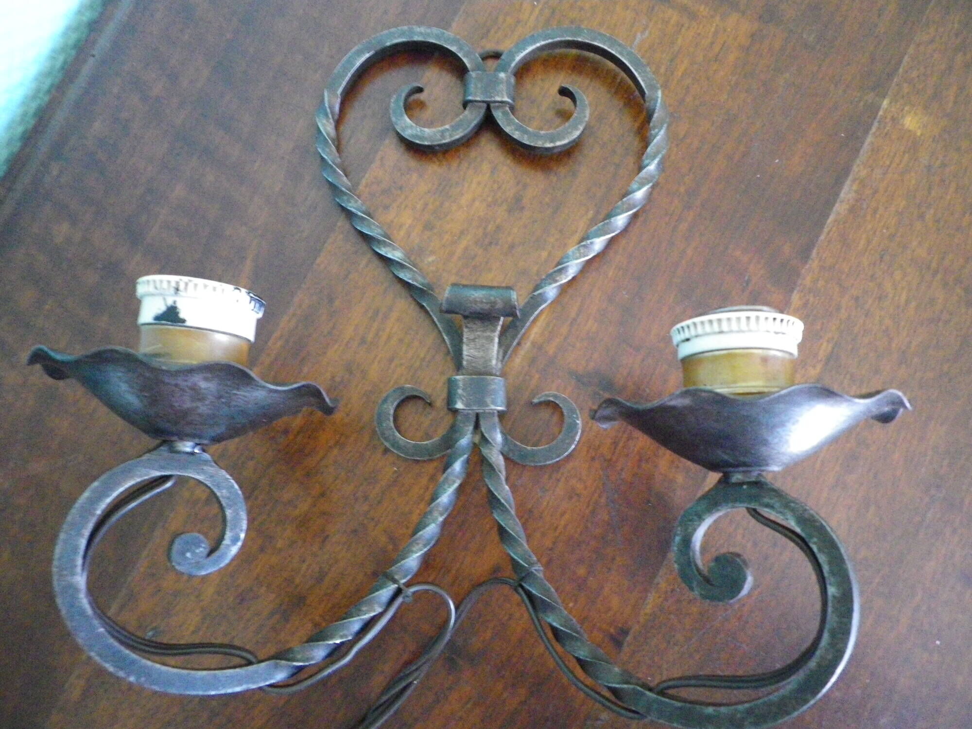 Real wrought iron wall sconce assembled and uns welded, porcelain and brass sleeves -1930/40