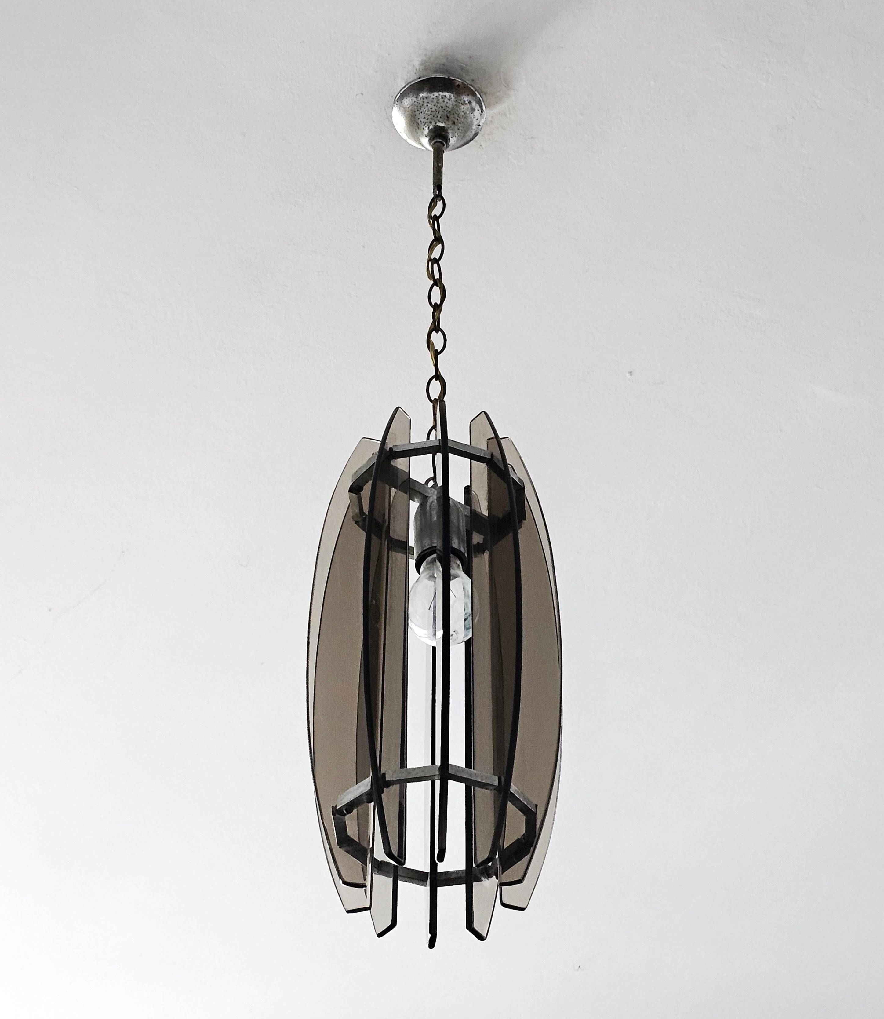 Glass chandelier, chrome and smoked glass in the Fontana Arte style from the 1970s.