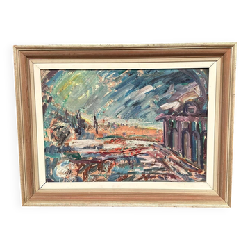 Huile sur toile originale – « Les Arches du Port » – Vintage et encadrée – 80 × 62 cm (31,5" × 24,4")