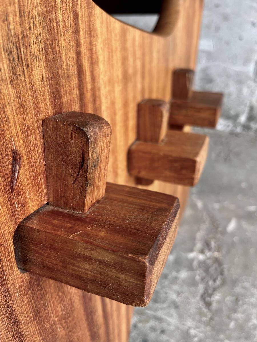 Dark brown solid wood Brutalist 3-seater bench — sculptural mid-century seating (1960s/70s)