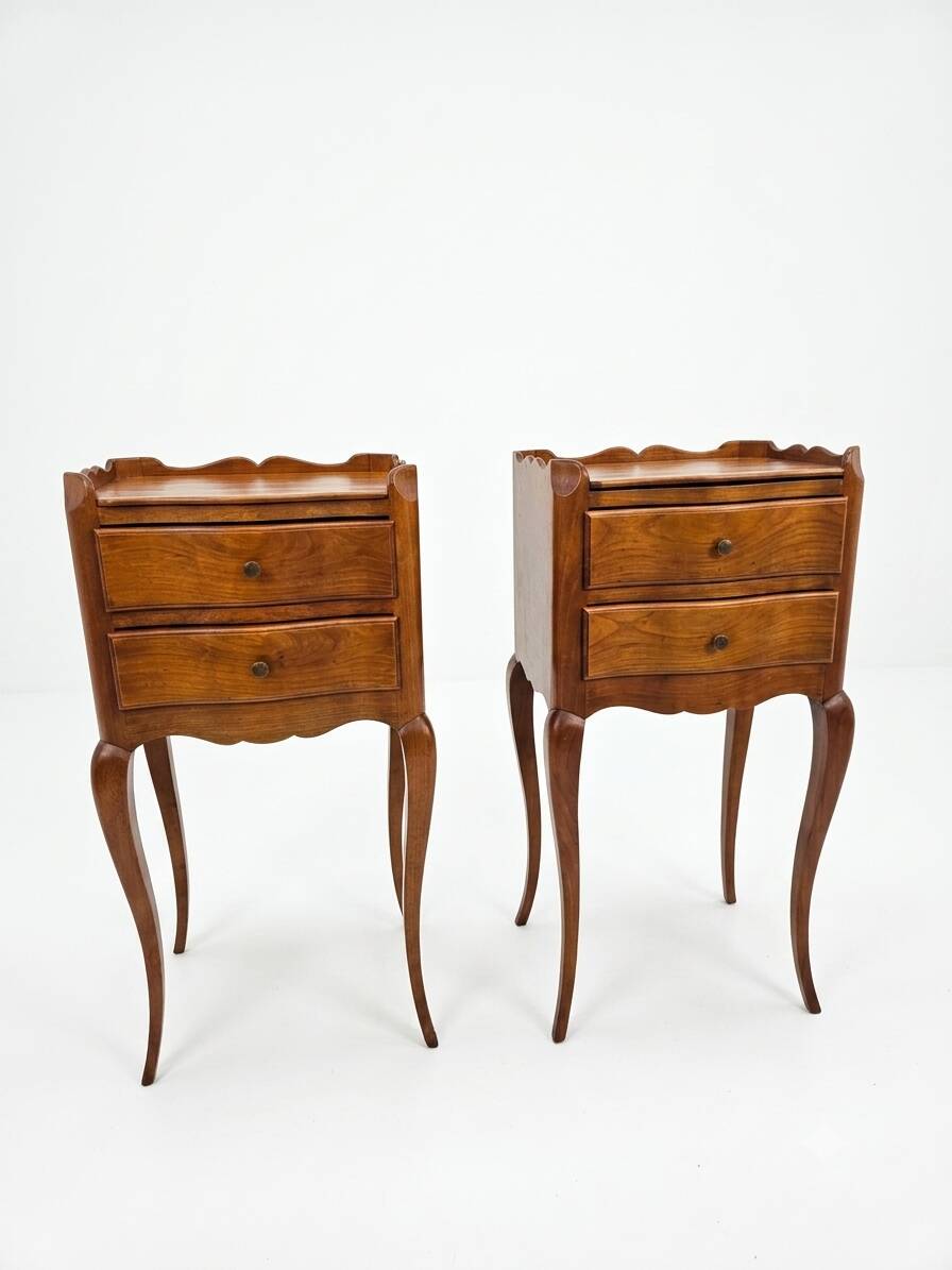 Pair of Louis XV style bedside tables in solid cherry wood.