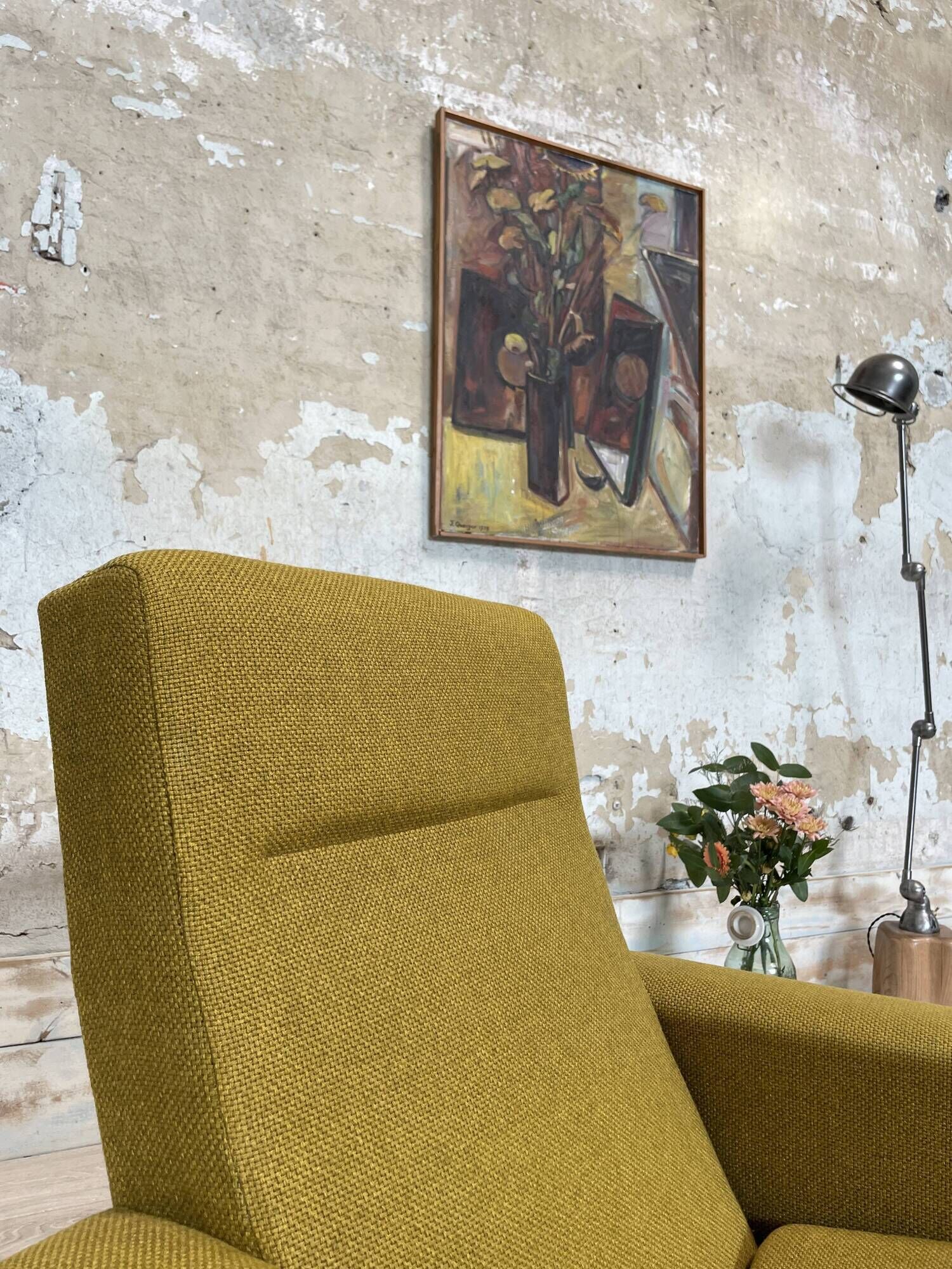 Vintage armchair in fabric and metal compass legs, circa 1950.