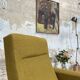 Vintage armchair in fabric and metal compass legs, circa 1950.