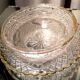 Butter dish or candy dish in pressed glass molded with golden rim