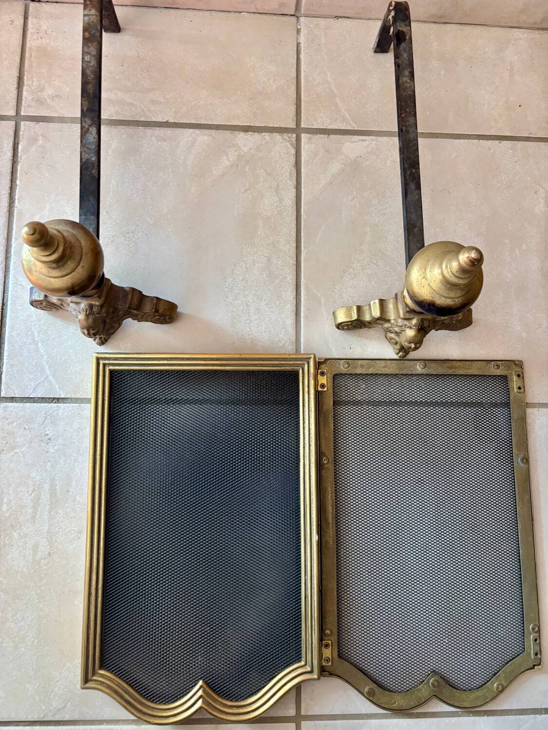 Gold wrought iron andiron and log holder for fireplace with grate
