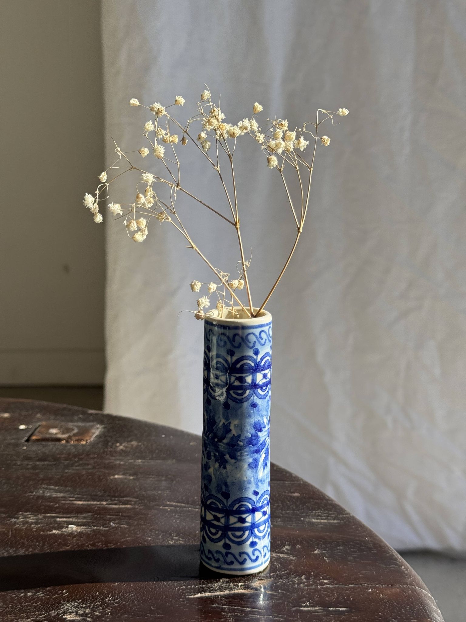 Vintage blue and white earthenware soliflore vase from Portugal.