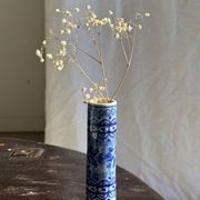 Vintage blue and white earthenware soliflore vase from Portugal.