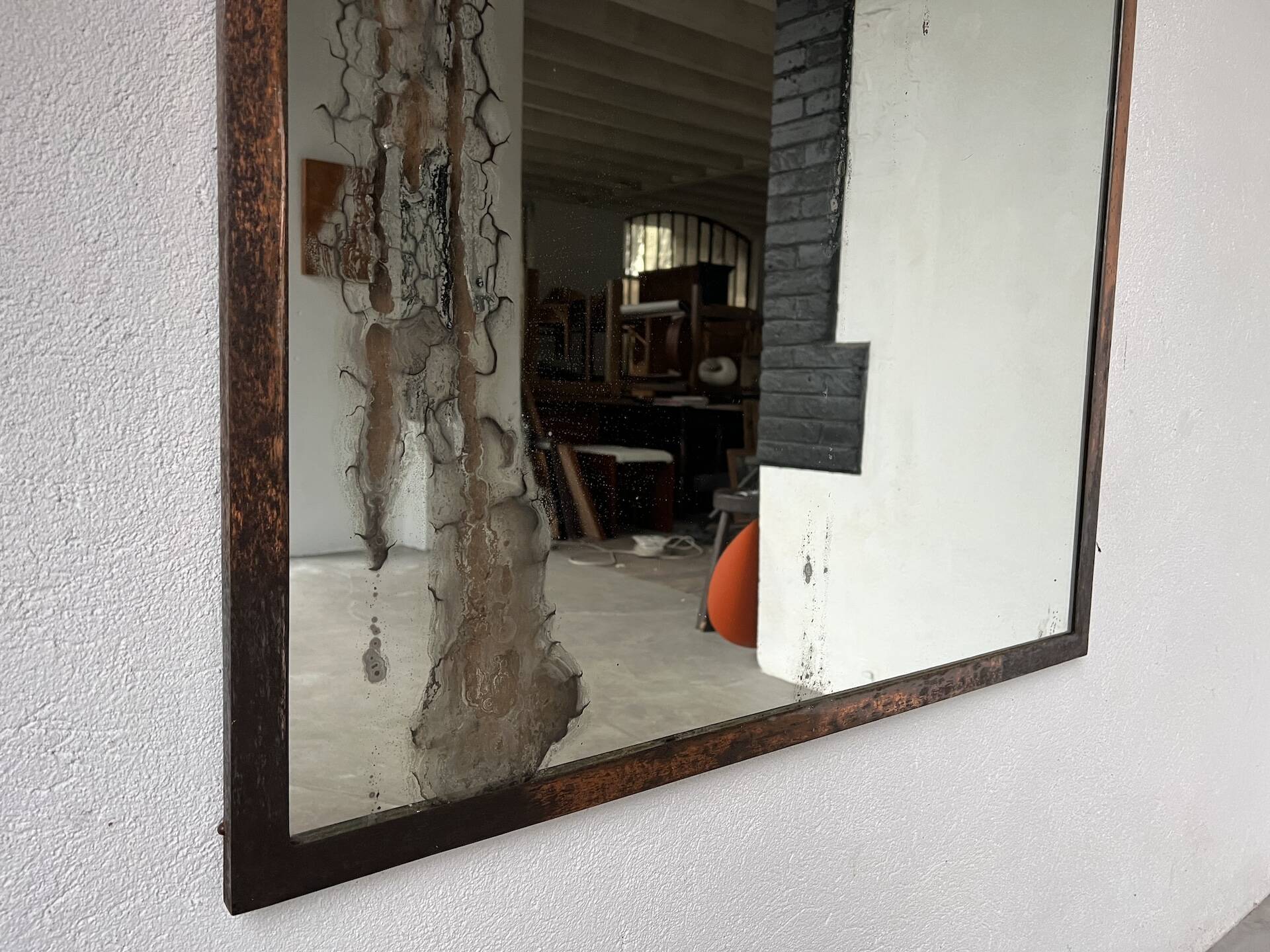 Large antique mercury mirror in copper-plated metal, 1930