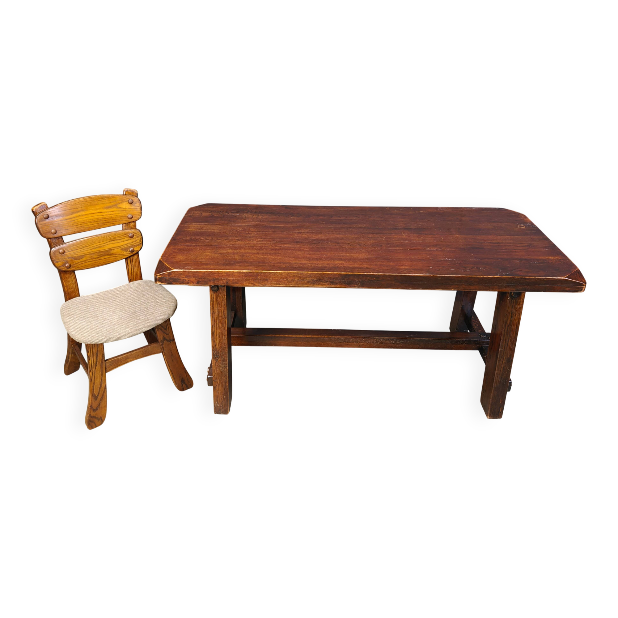 Solid wood brutalist dining table, 1960s