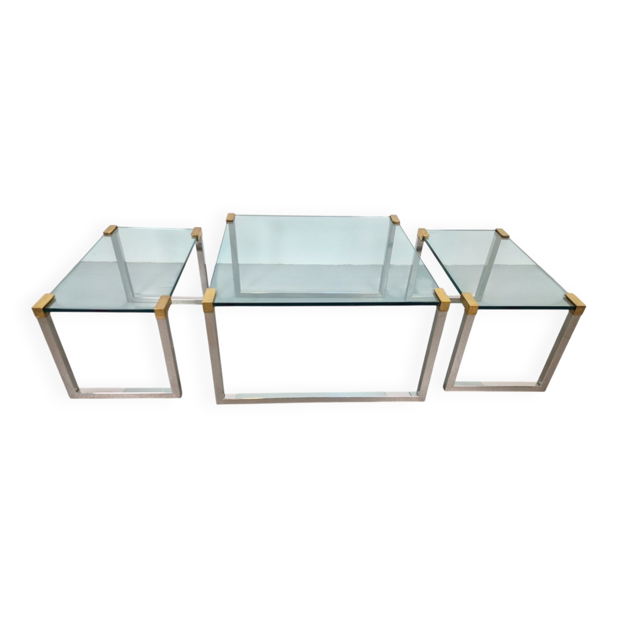 T53 Coffee and Side Tables in Brass and Glass by Peter Ghyczy, 1970s, Set of 3