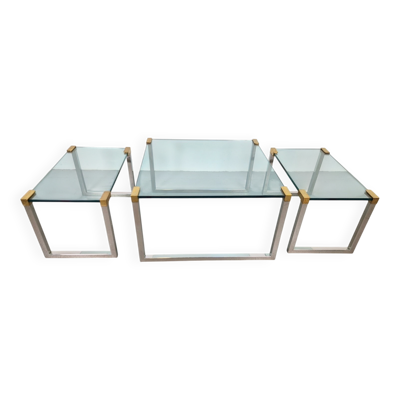 Tables de café et d'appoint T53 en laiton et verre par Peter Ghyczy, années 1970, ensemble de 3.