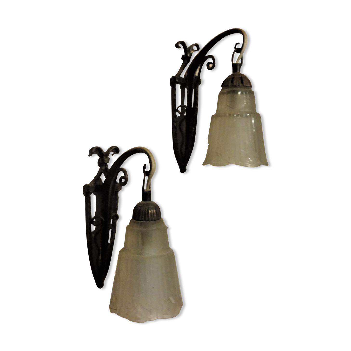 Pair of wall light era Art deco wrought iron & glass Maynadier
