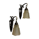 Pair of wall light era Art deco wrought iron & glass Maynadier