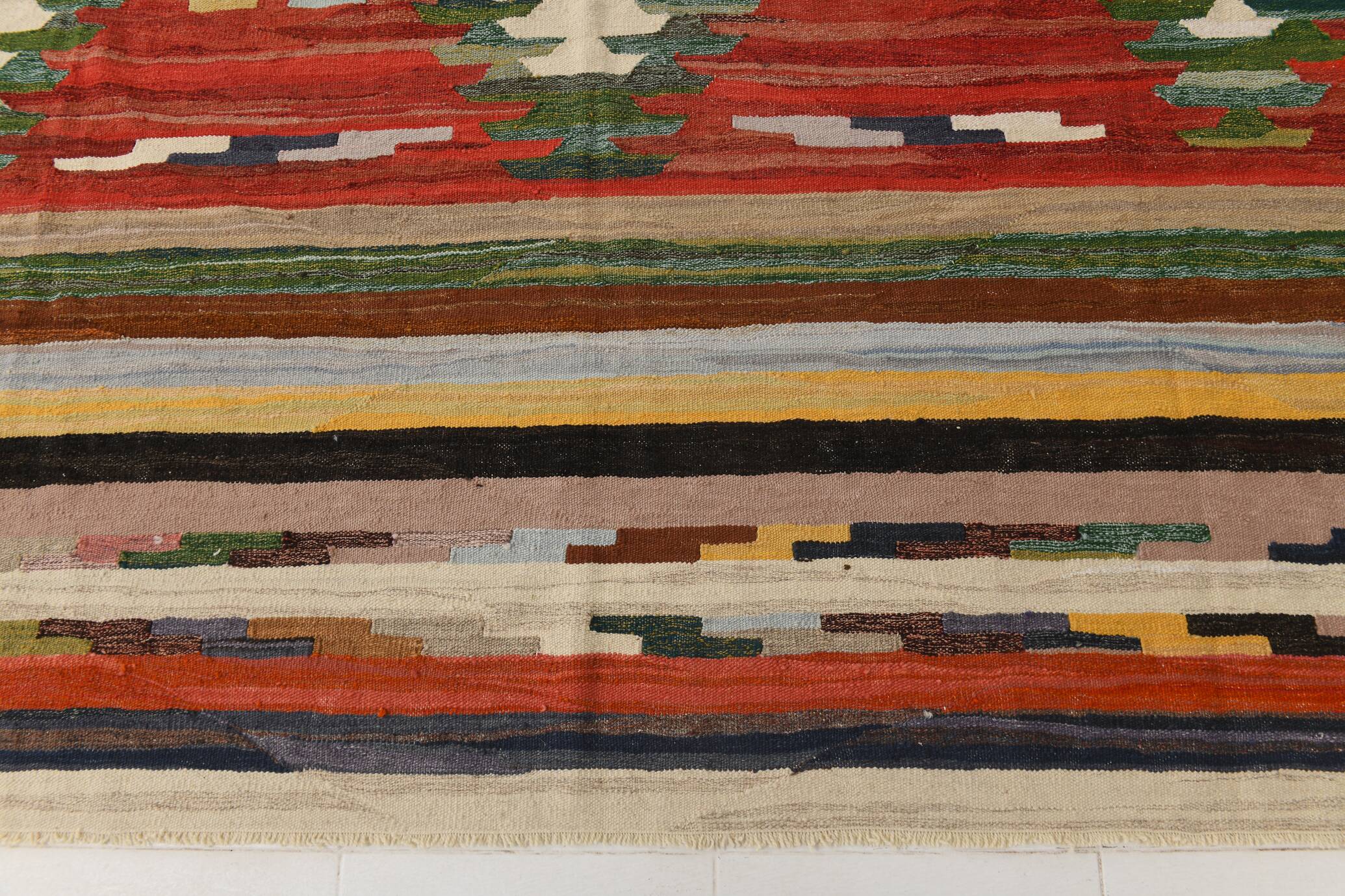 9x12 Kilim Red Green Oversize Vintage Kilim Rug, 275x370Cm