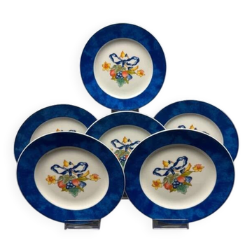 6 assiettes dessert Bernardaud Limoges Borghese bord bleu fruits ruban