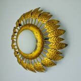 Sun wall lamp by ferro arte, metal and gold leaf and opaline glass, Spain, 1960