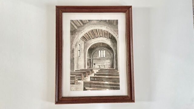 Tableau ancien aquarelle intérieur chapelle sur papier