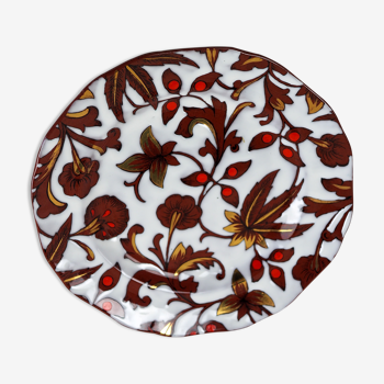 Assiette blanche à motifs floraux brun, or et rouge - émaux de Longwy - années 60