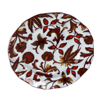 Assiette blanche à motifs floraux brun, or et rouge - émaux de Longwy - années 60