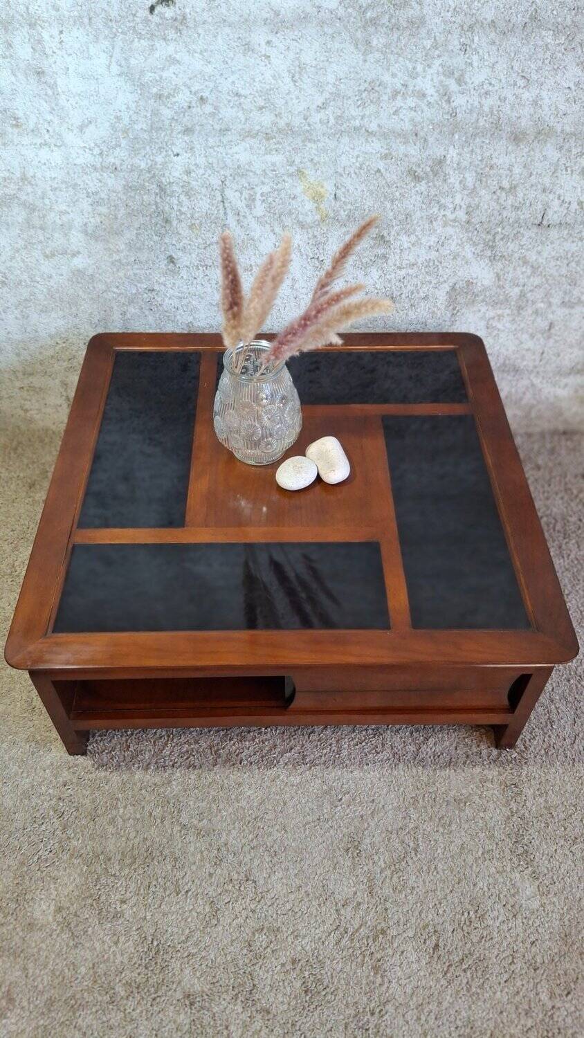 Table basse carrée bois massif plateau avec verre noir 100x100 cm