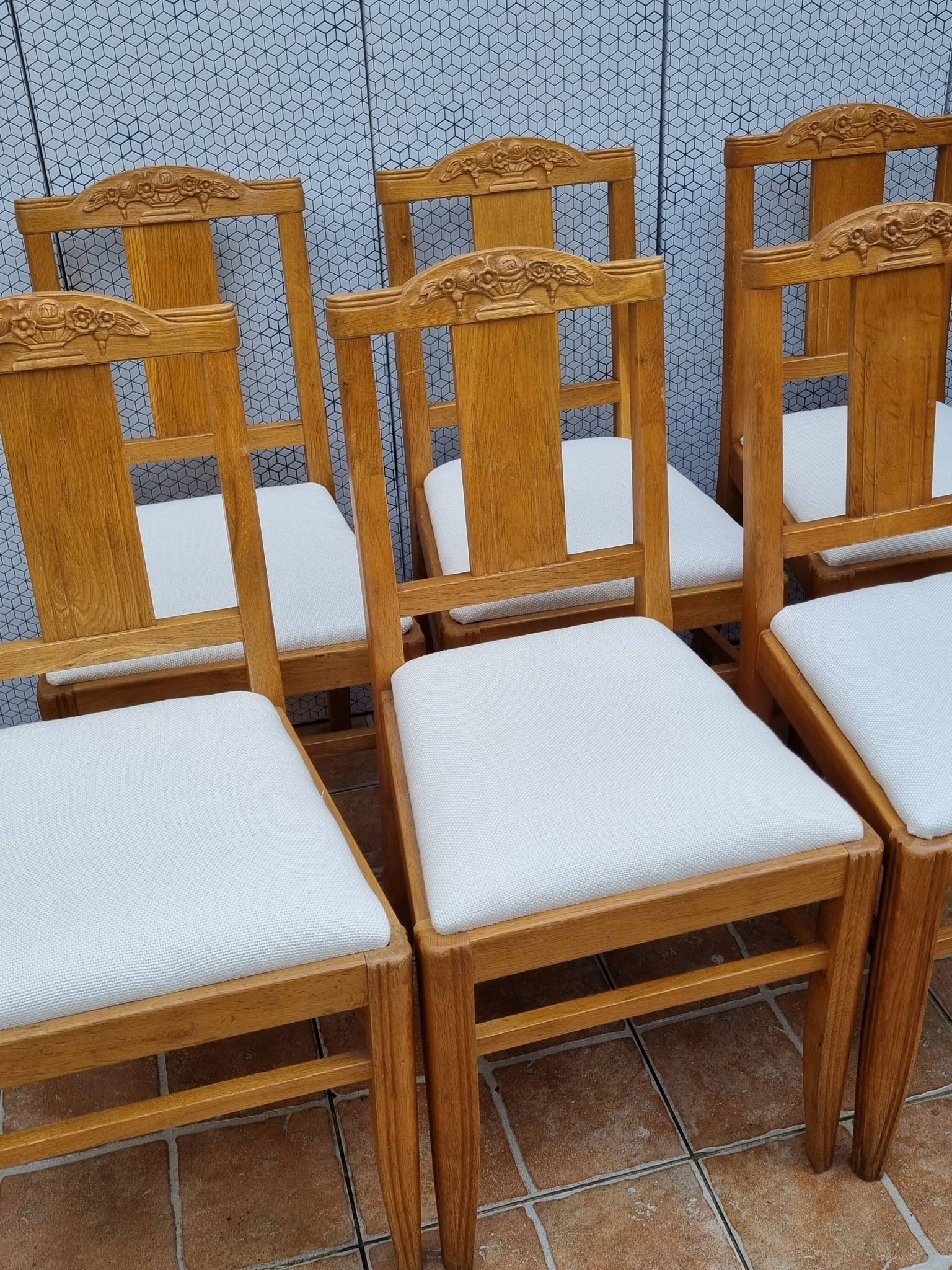Set of 6 oak chairs, refurbished, Art Deco style, vintage, France