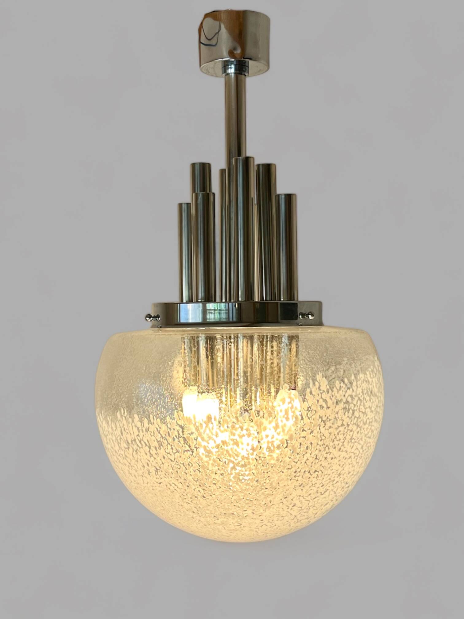 Very large Mazzega pendant light in chrome organ and Murano glass