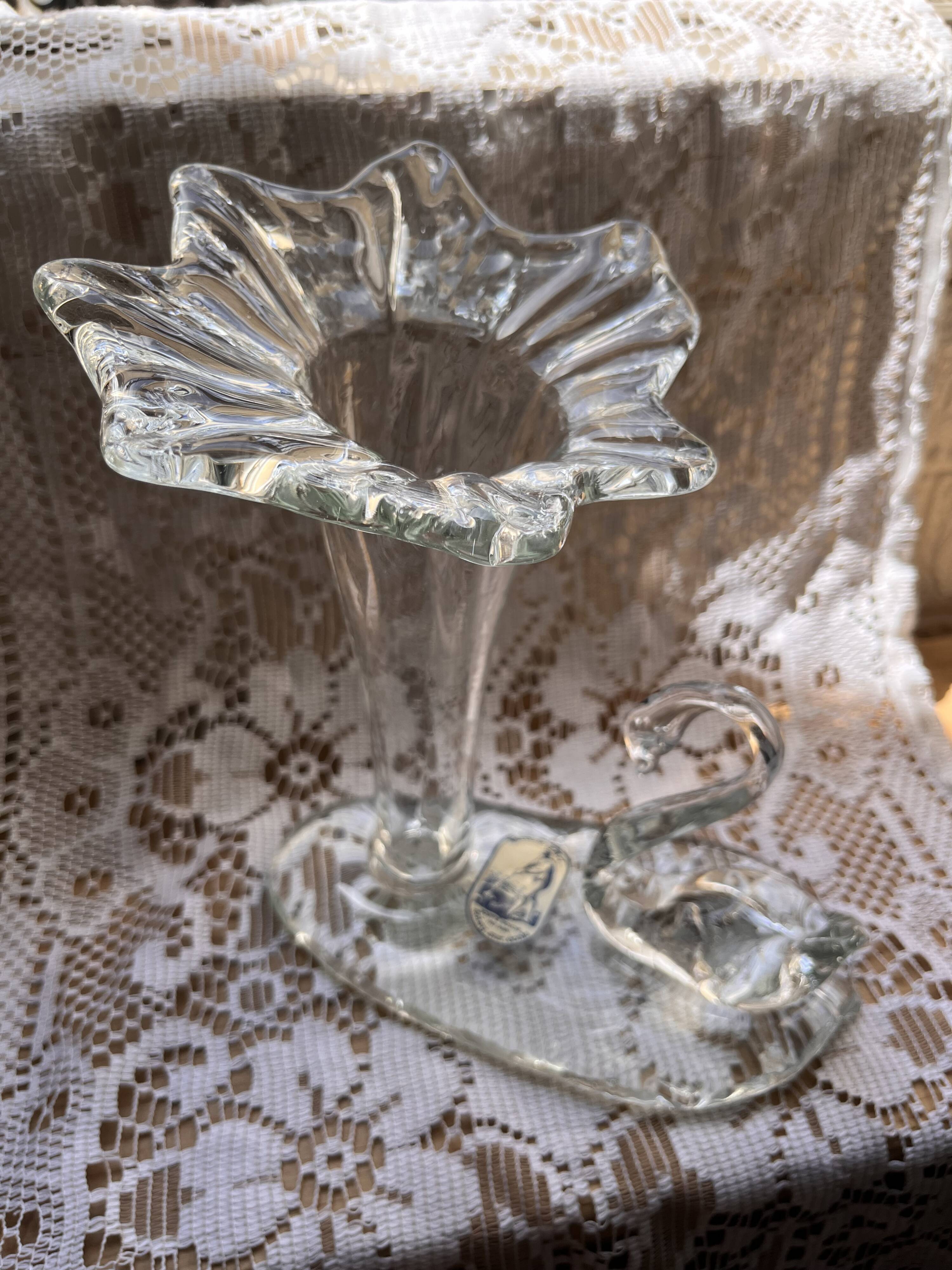 Blown glass art vase – Swan & flower, signed Soisy-sur-École
