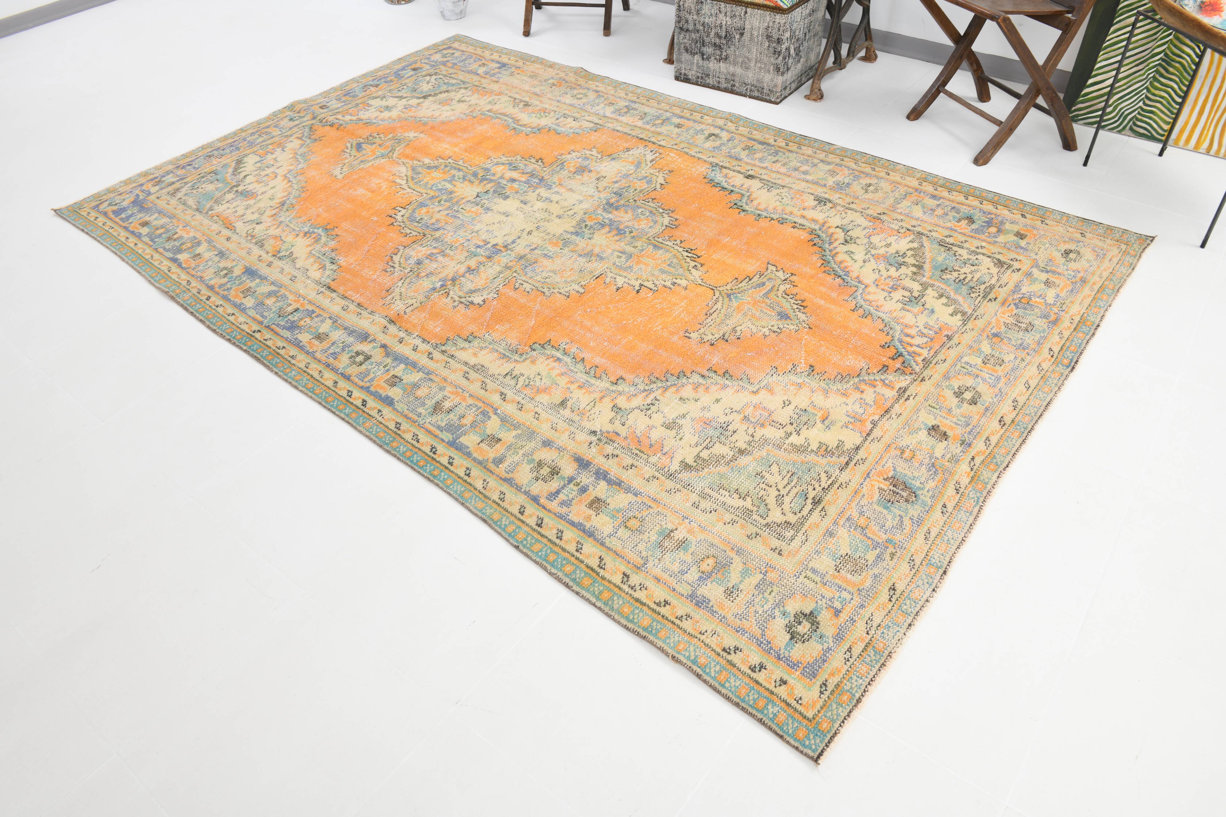 Medallion orange wool rug, beige orange vintage turkish rug 6x10 ft