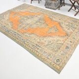 Medallion orange wool rug, beige orange vintage turkish rug 6x10 ft