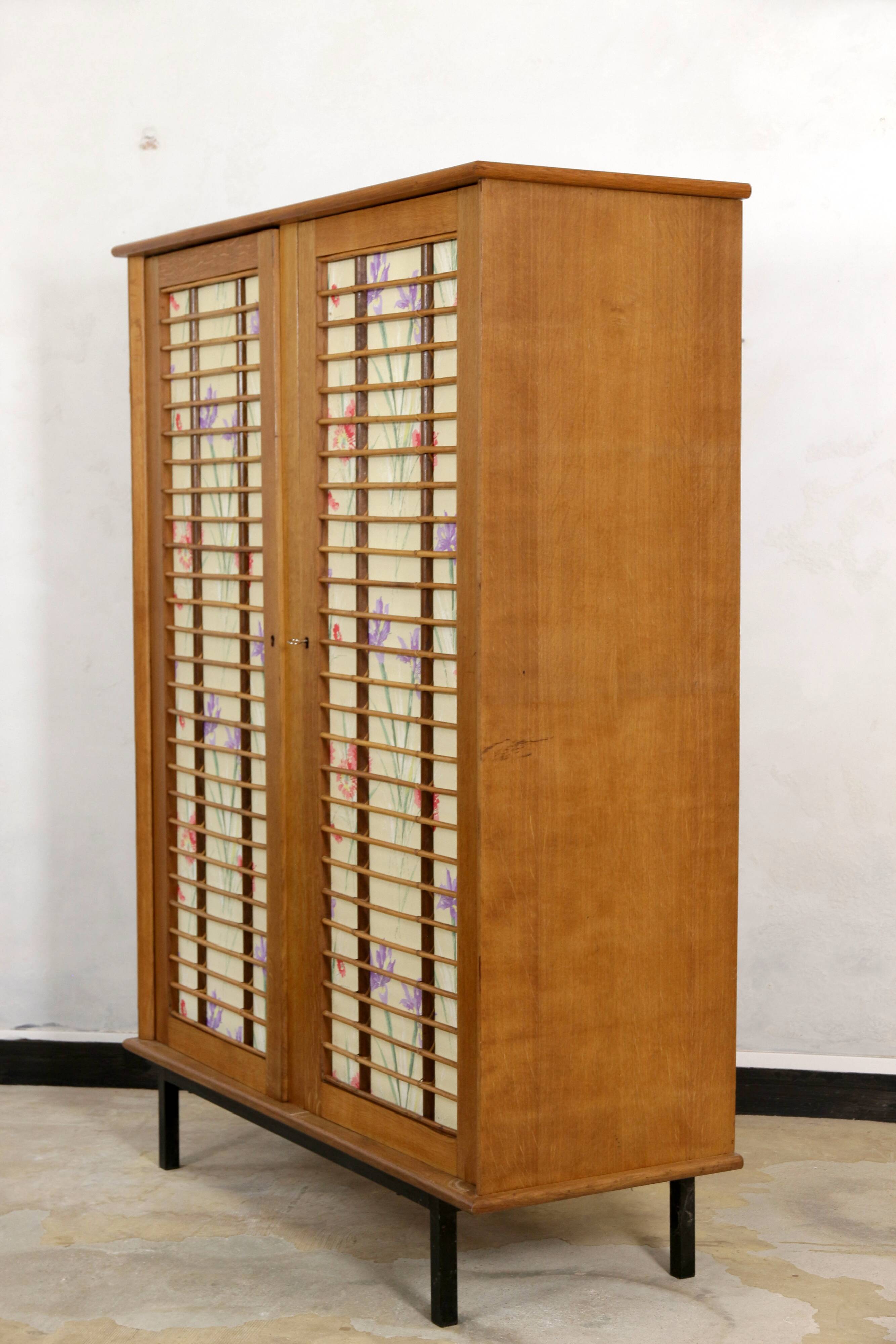 Vintage 1960 removable rattan and oak cabinet