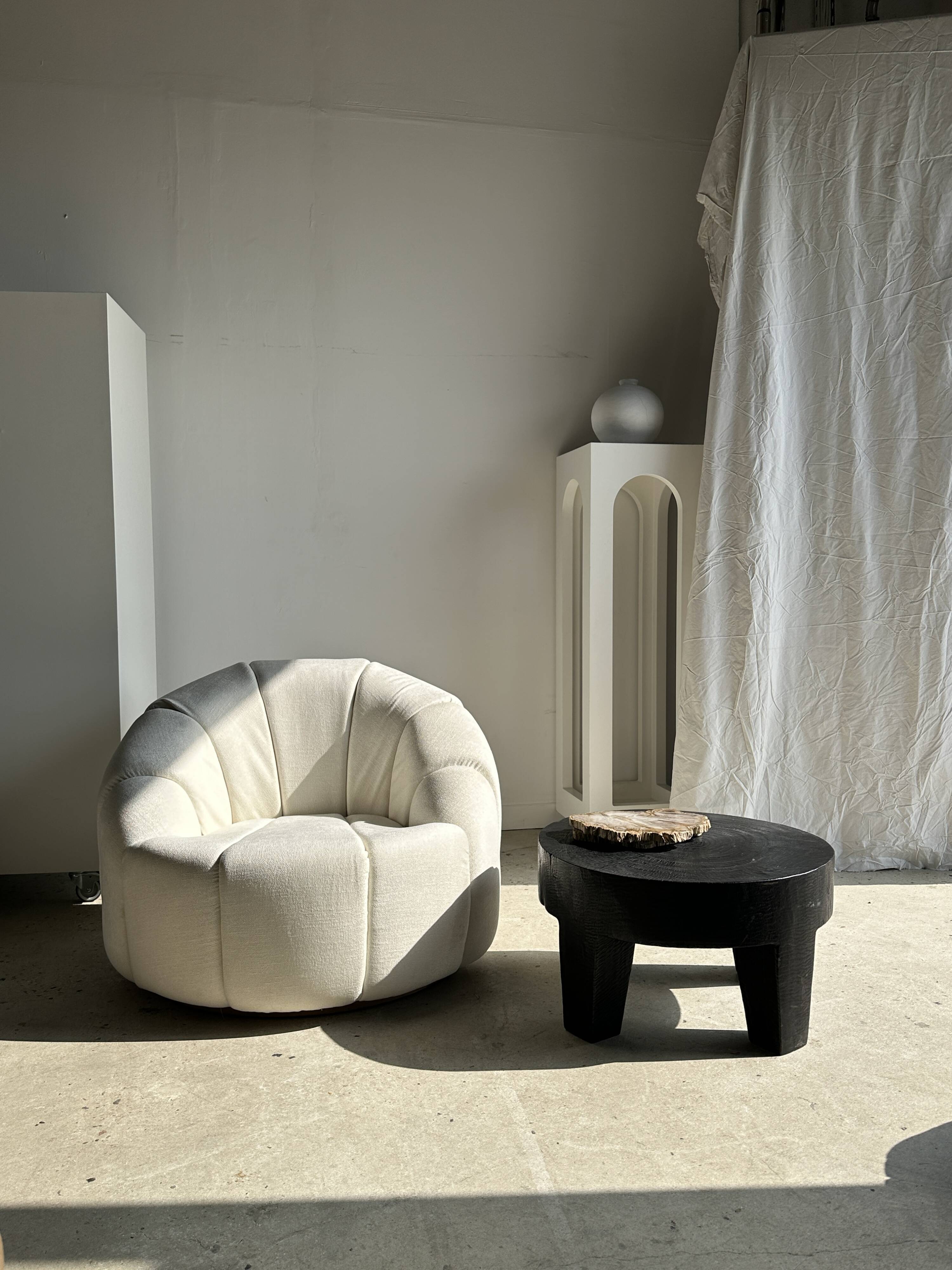 Large white circular armchair, white fabric upholstery
