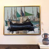 Mid-Century Modern Swedish "Green Sails" Vintage Seascape Oil Painting, Framed