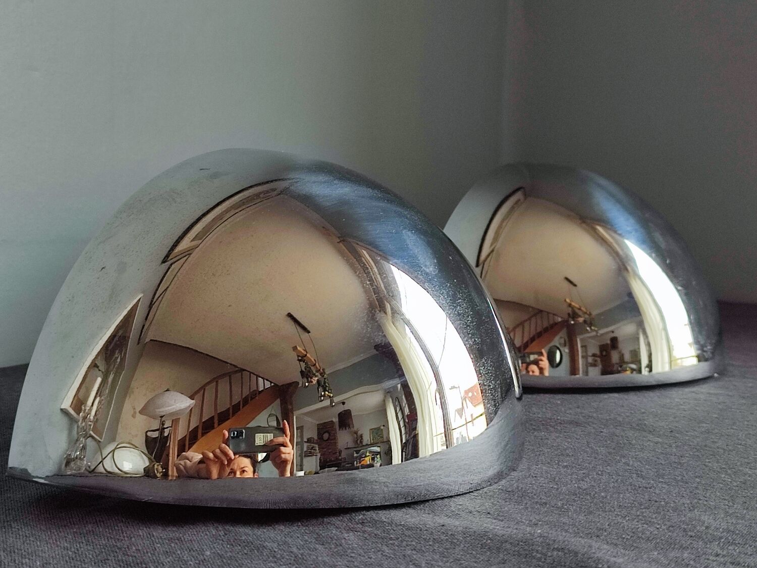 Pair of vintage chromed metal half-moon wall lamp