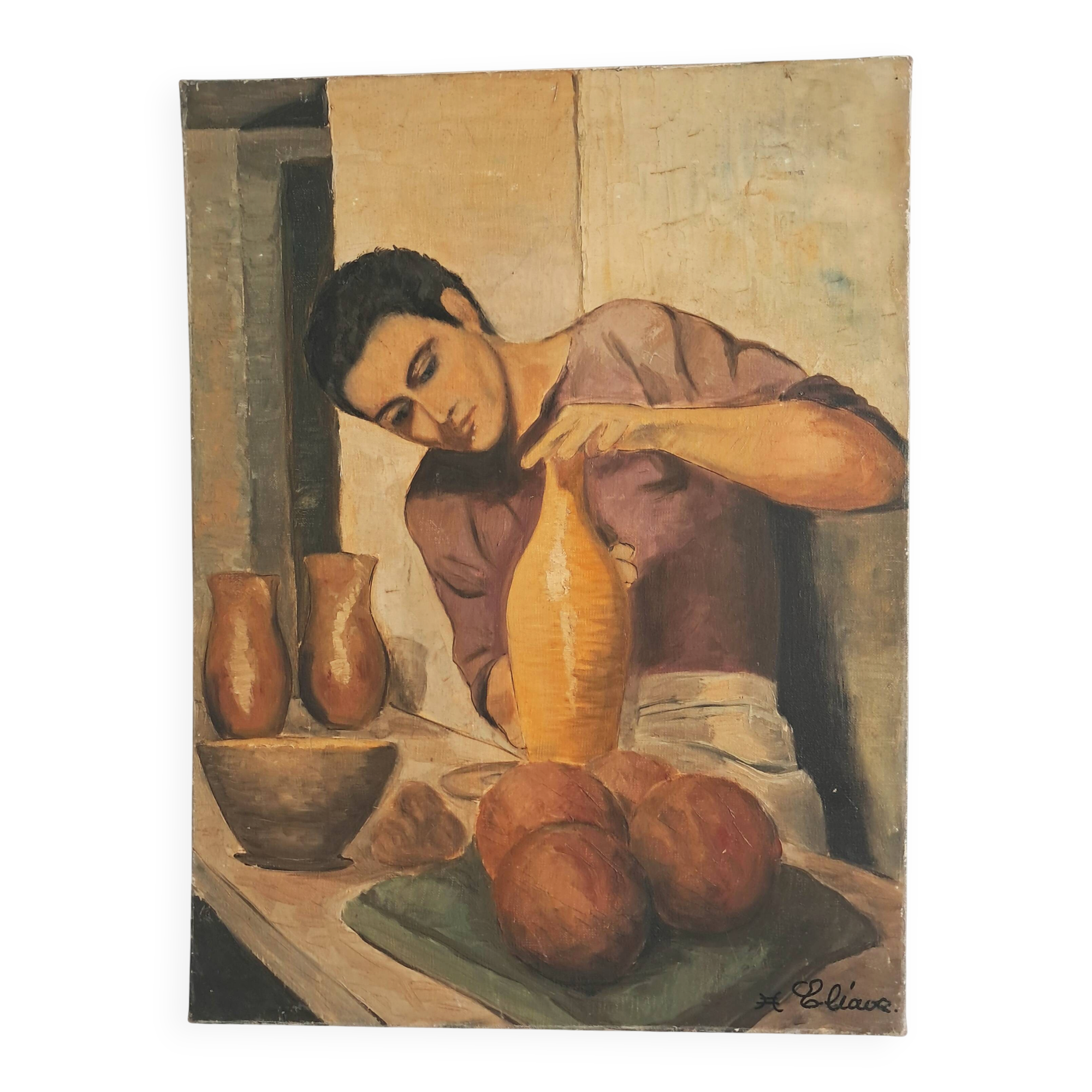Figurative painting depicting a potter handling a large vase.