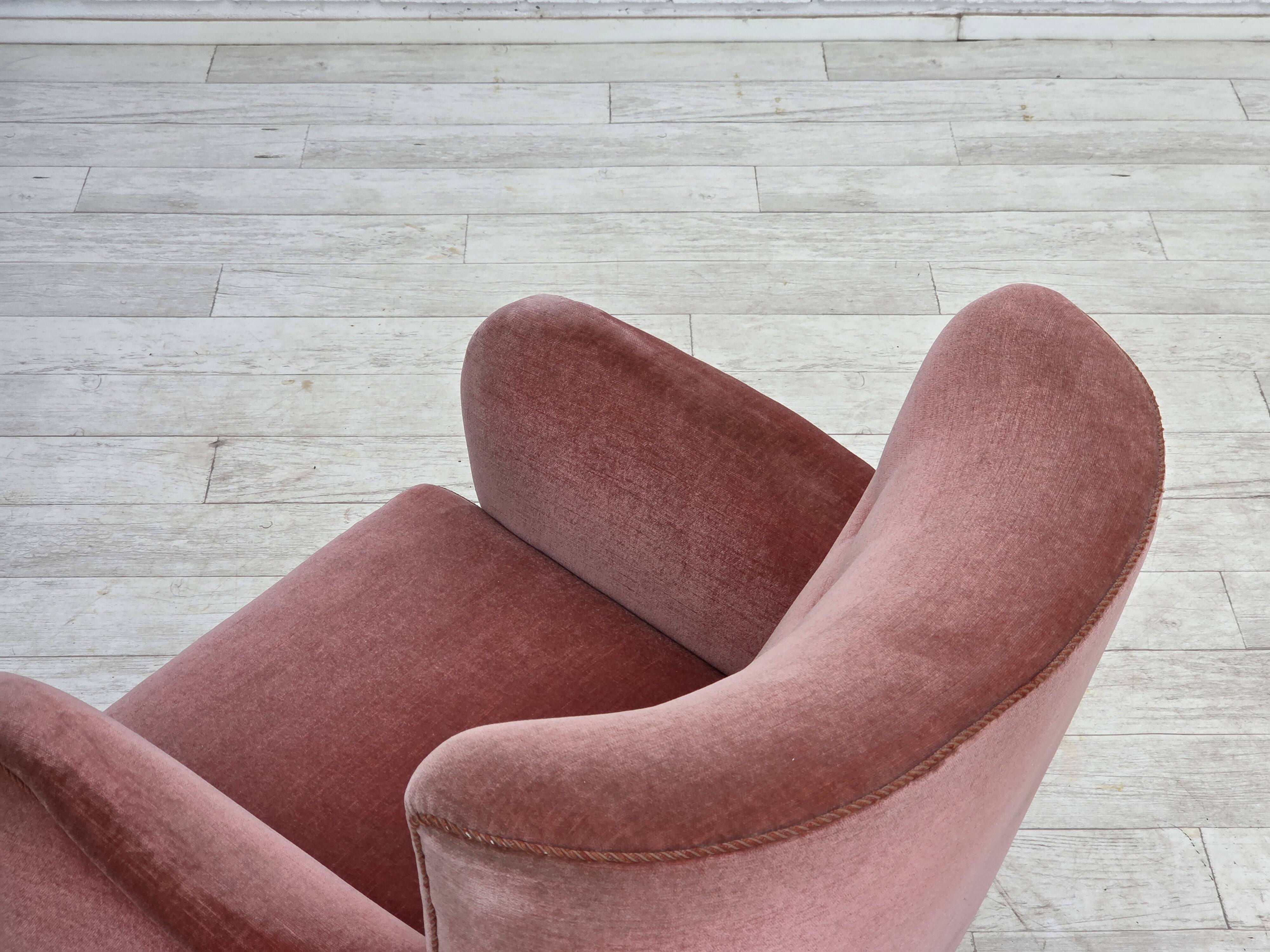 1970s, Danish armchair, salmon pink furniture velour, oak wood legs.