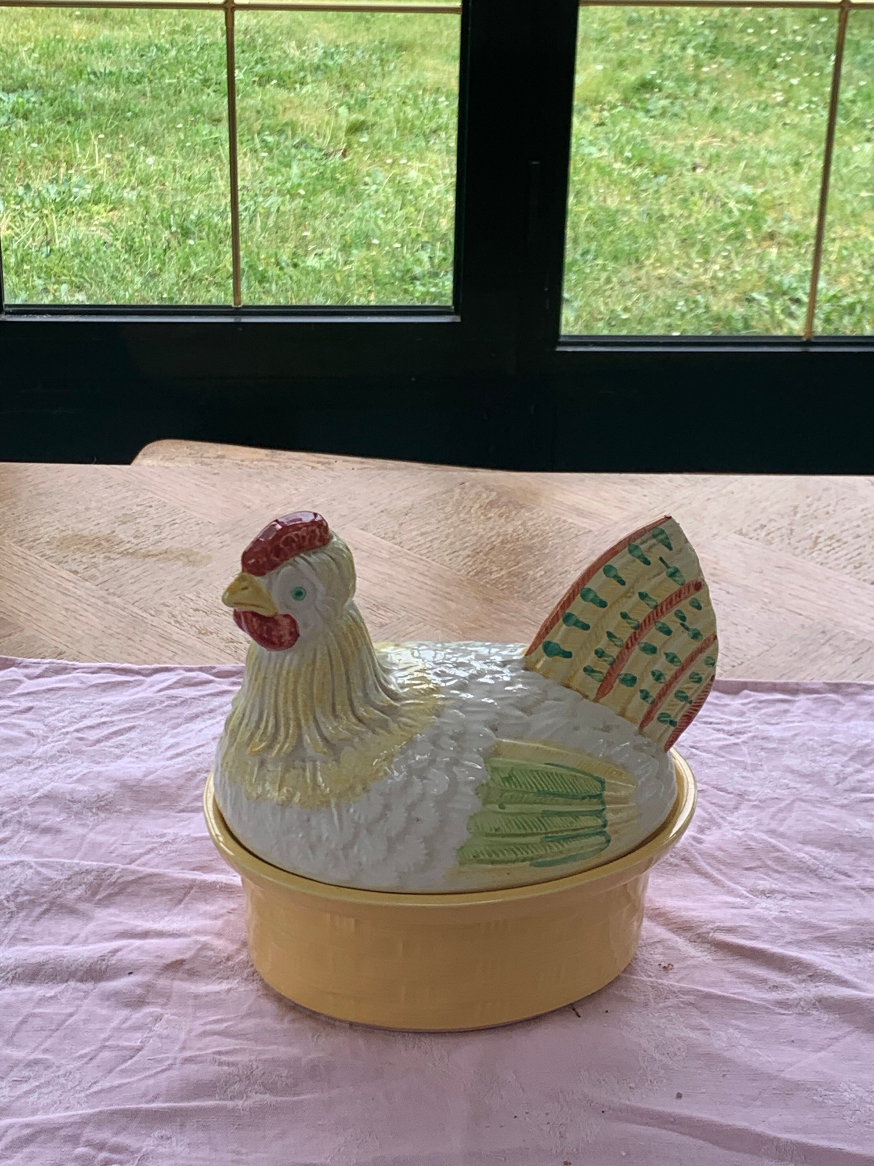 Terrine hen slurry in vintage glazed ceramic